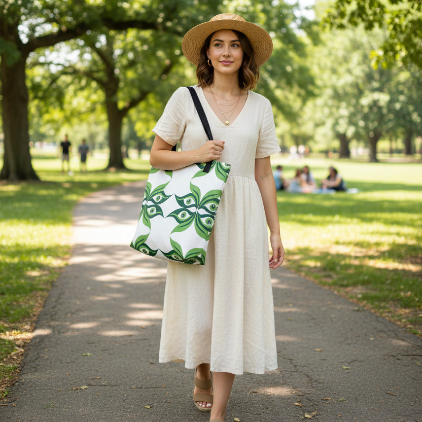 All-over print design of a Green Geometric Aesthetic Tote Bag with black cotton denim handles