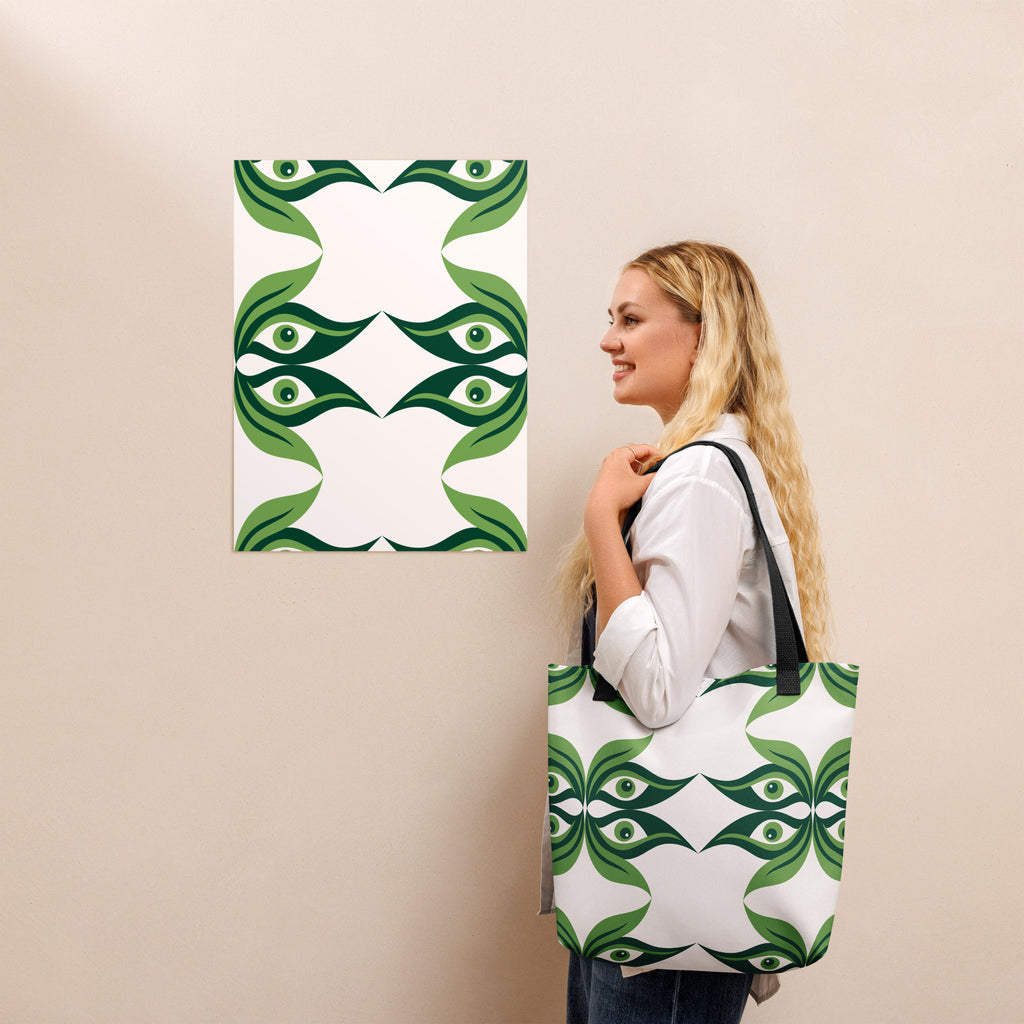 All-over print design of a Green Geometric Aesthetic Tote Bag with black cotton denim handles