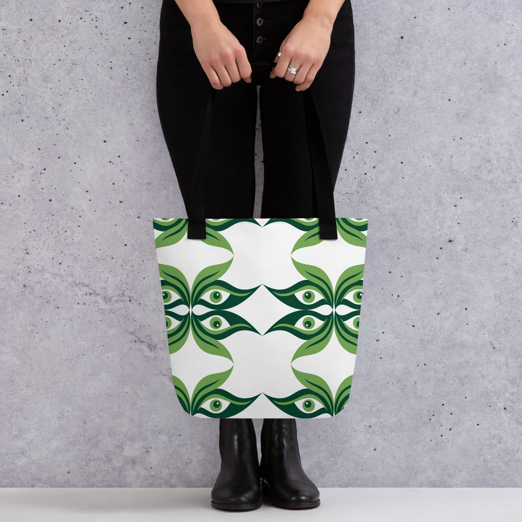 All-over print design of a Green Geometric Aesthetic Tote Bag with black cotton denim handles