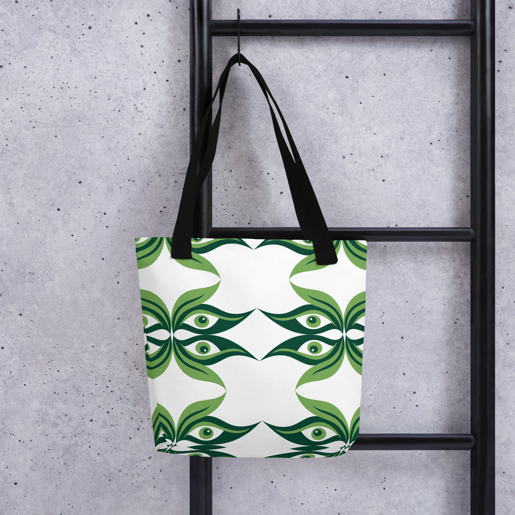 All-over print design of a Green Geometric Aesthetic Tote Bag with black cotton denim handles