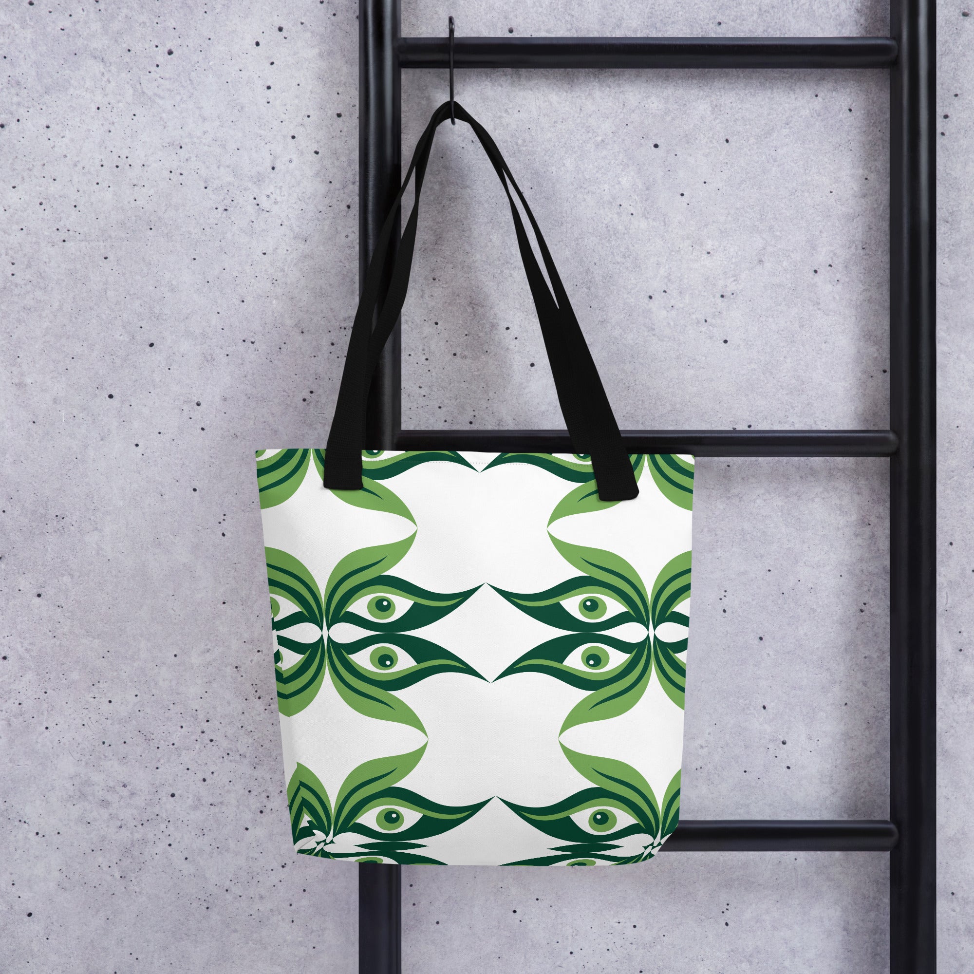 All-over print design of a Green Geometric Aesthetic Tote Bag with black cotton denim handles
