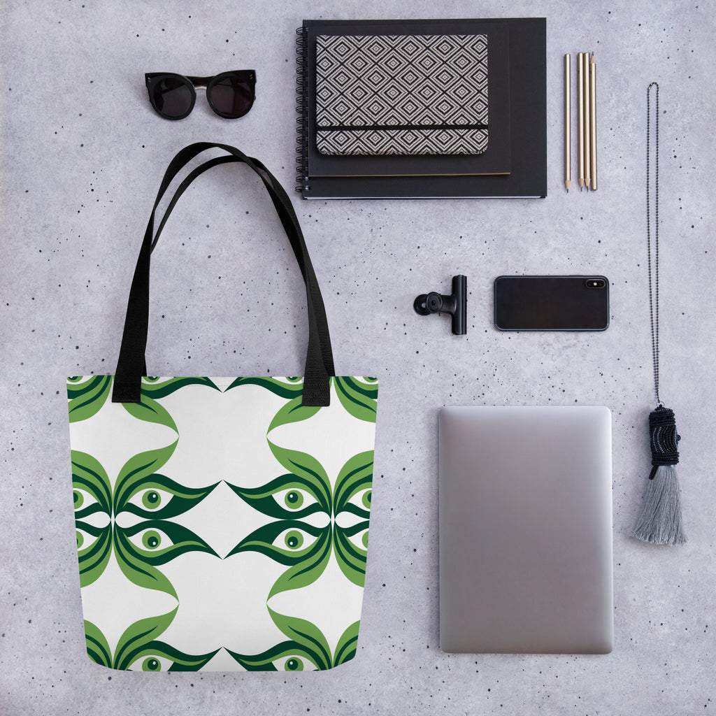 All-over print design of a Green Geometric Aesthetic Tote Bag with black cotton denim handles