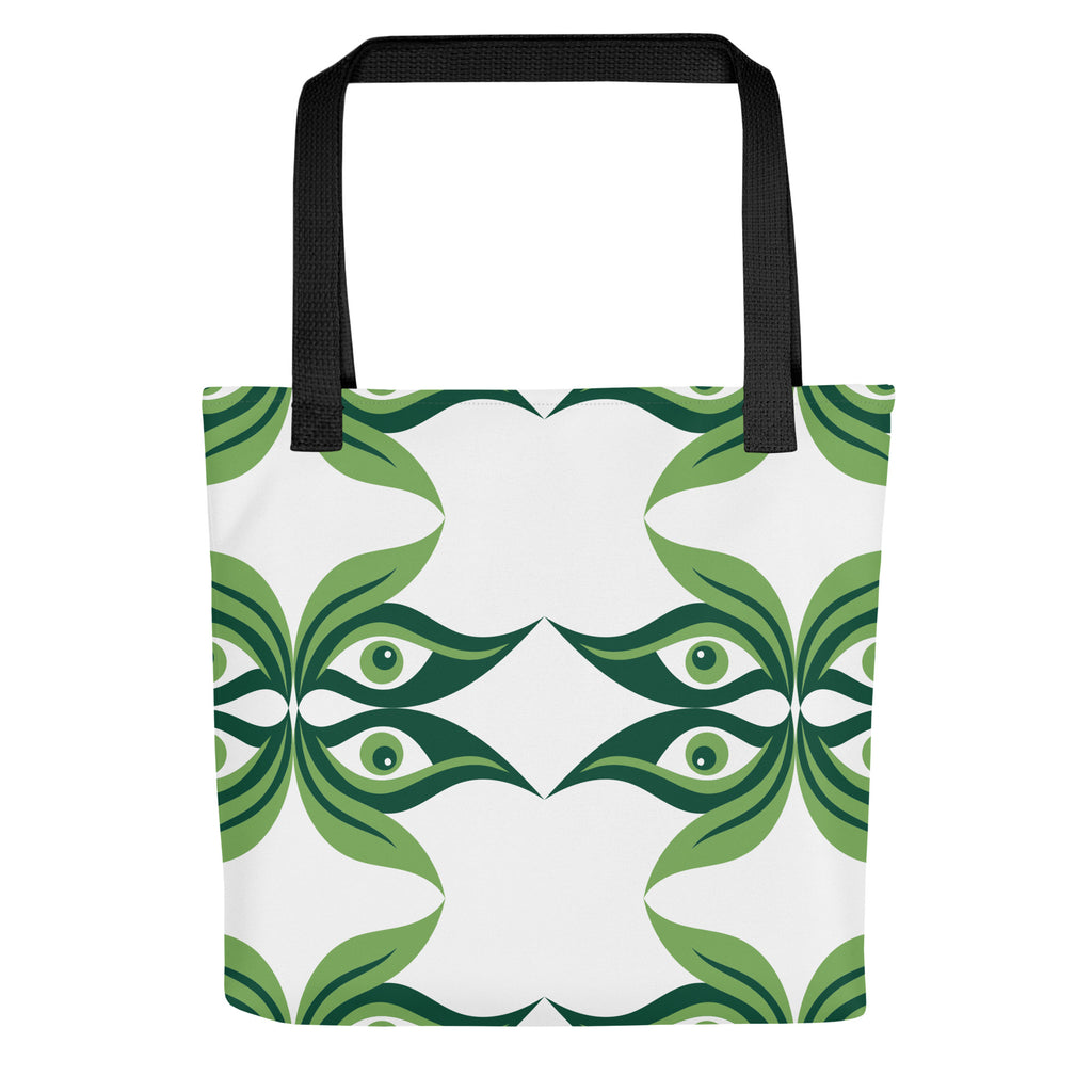 All-over print design of a Green Geometric Aesthetic Tote Bag with black cotton denim handles