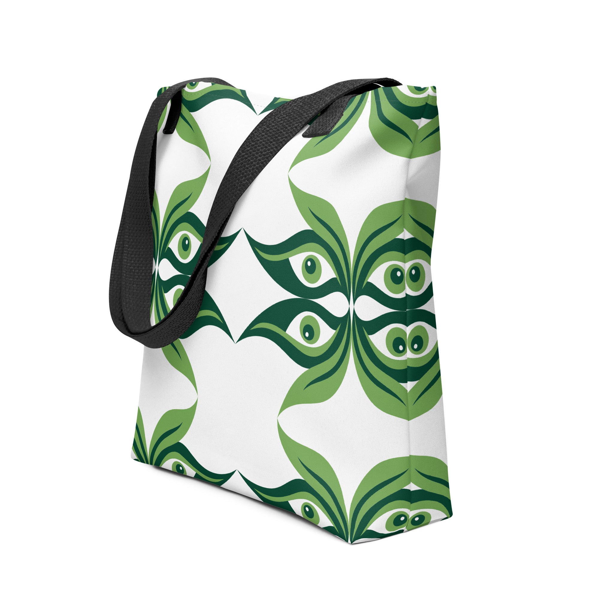 All-over print design of a Green Geometric Aesthetic Tote Bag with black cotton denim handles