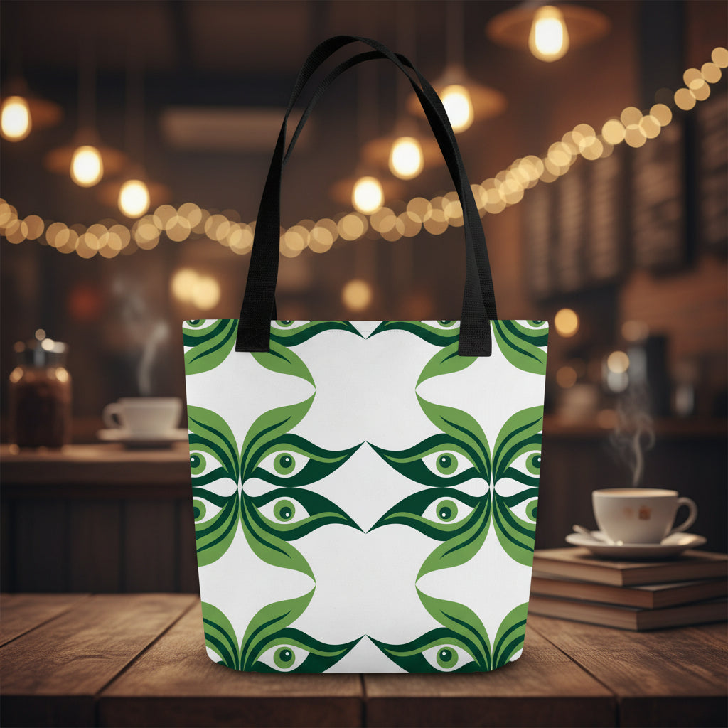 All-over print design of a Green Geometric Aesthetic Tote Bag with black cotton denim handles