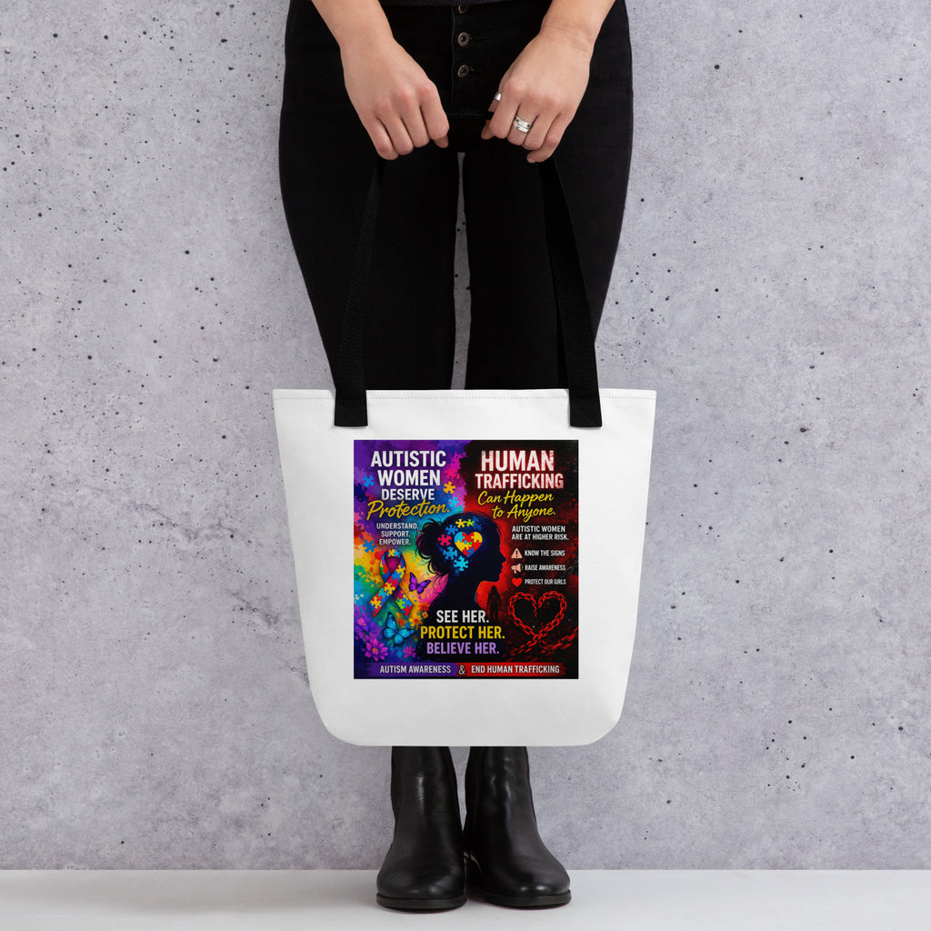 Human Trafficking Awareness image printed on a white canvas tote bag