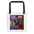 Human Trafficking Awareness image printed on a white canvas tote bag
