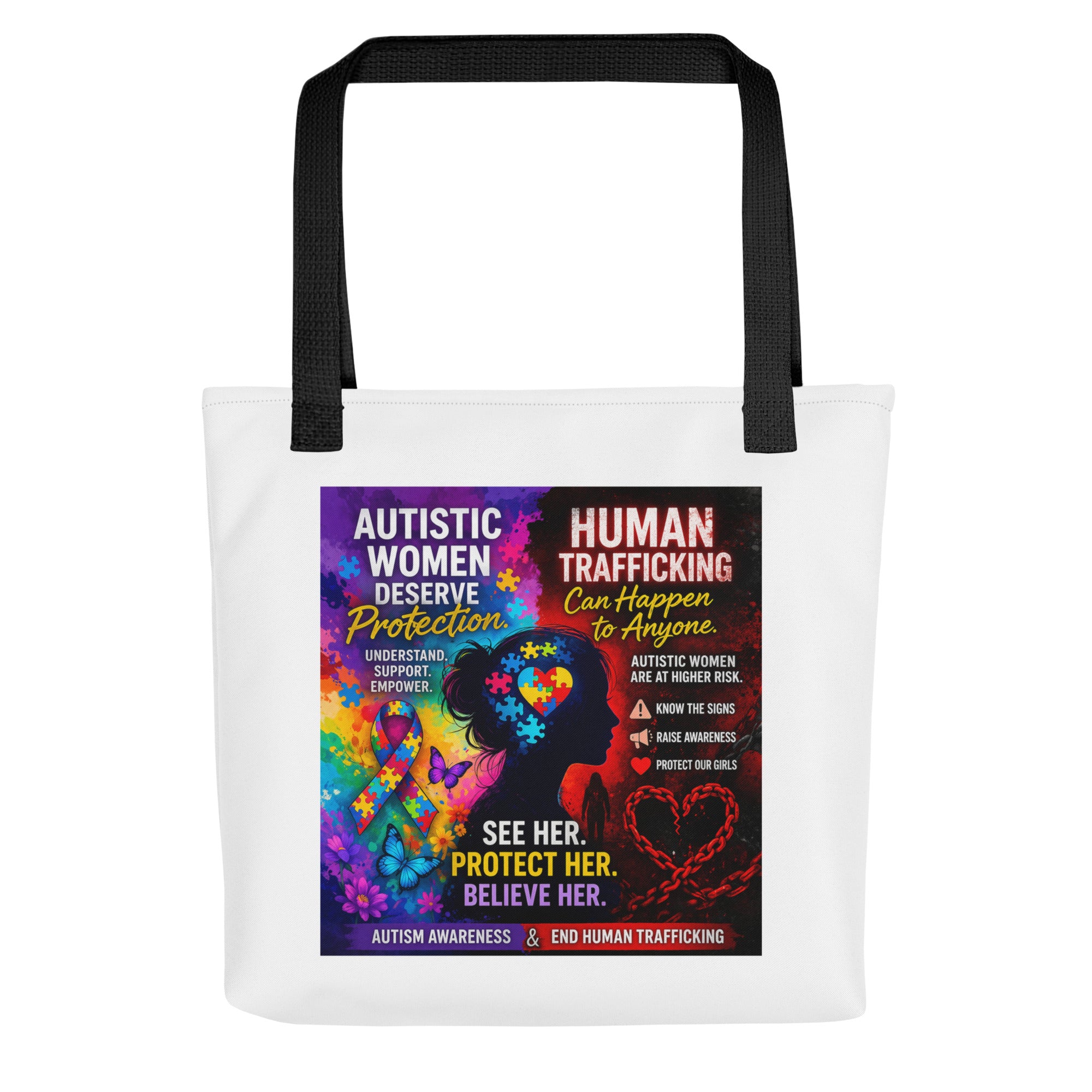 Human Trafficking Awareness image printed on a white canvas tote bag