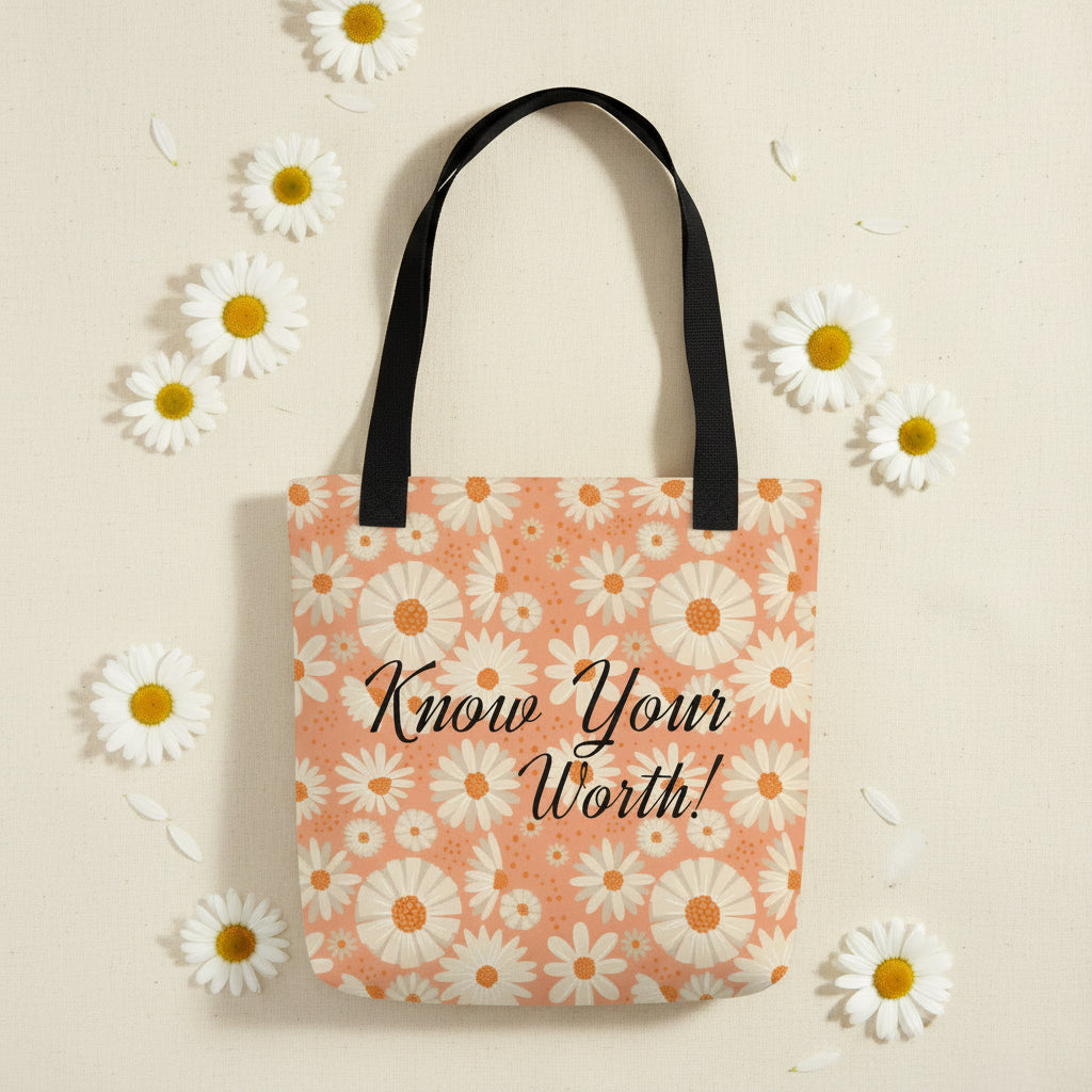 All-over white daisy print tote bag with a pastel pink background “Know Your Worth” text on the front and black denim shoulder straps