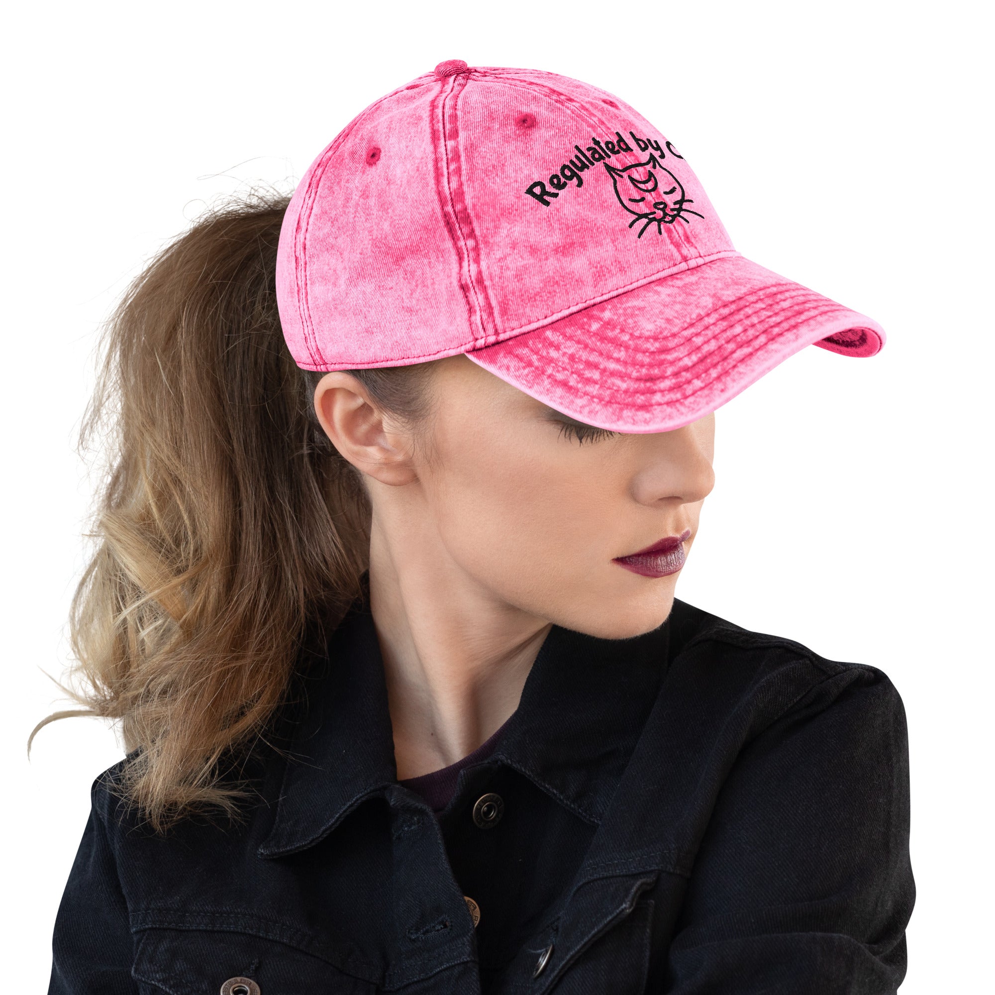 Embroidered "Regulated by Cats" stone-washed pink cap
