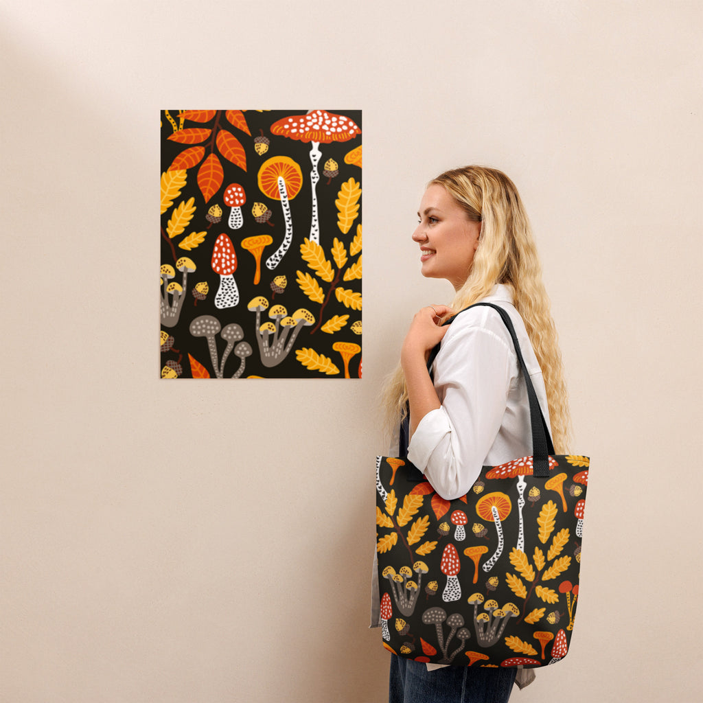 All-over print designed Woodland Mushroom Tote Bag with black denim handles