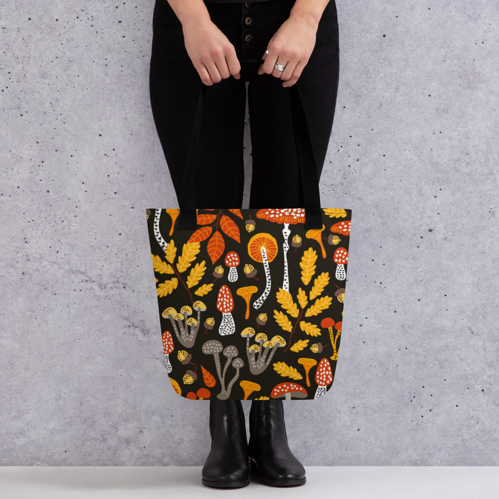 All-over print designed Woodland Mushroom Tote Bag with black denim handles