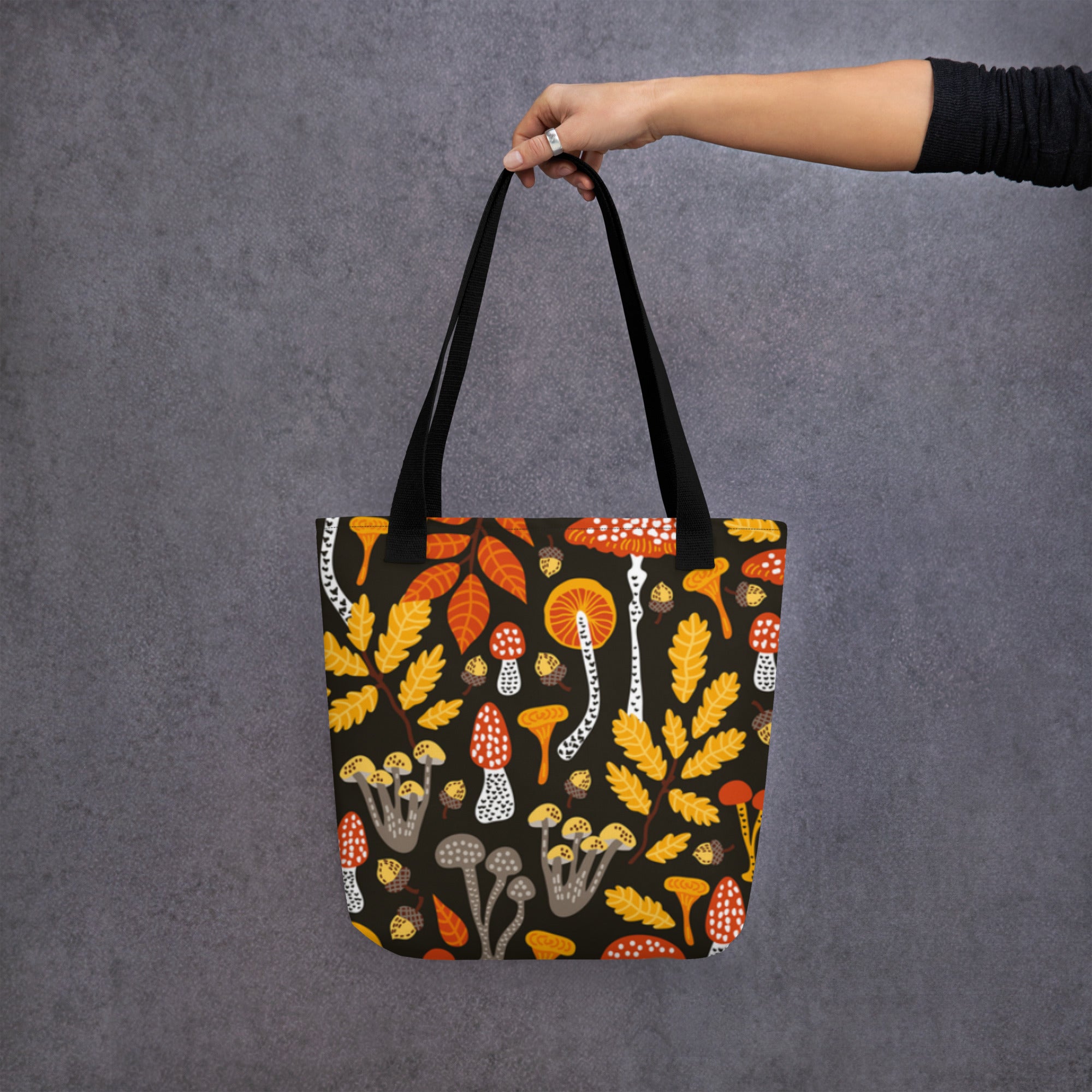 All-over print designed Woodland Mushroom Tote Bag with black denim handles