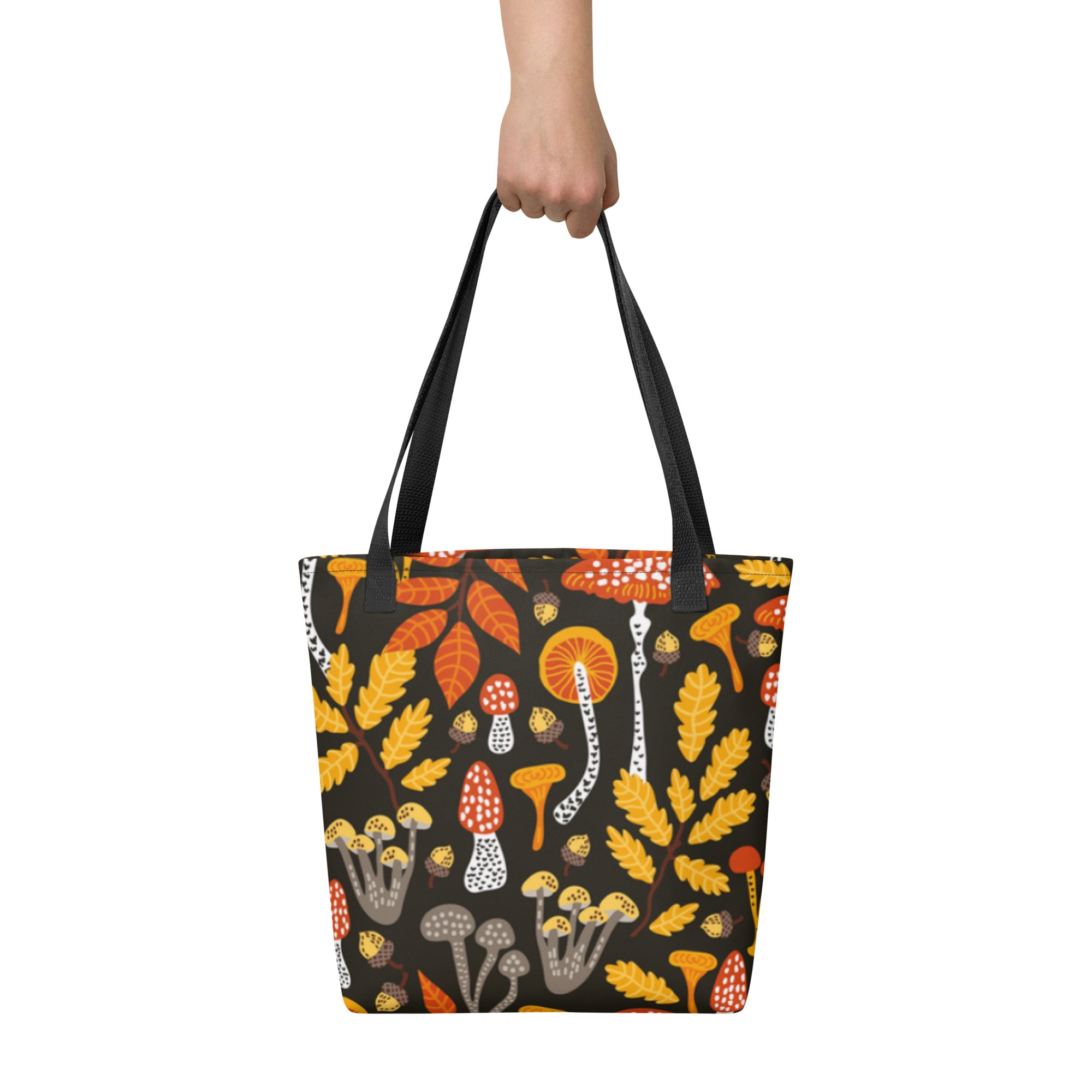 All-over print designed Woodland Mushroom Tote Bag with black denim handles