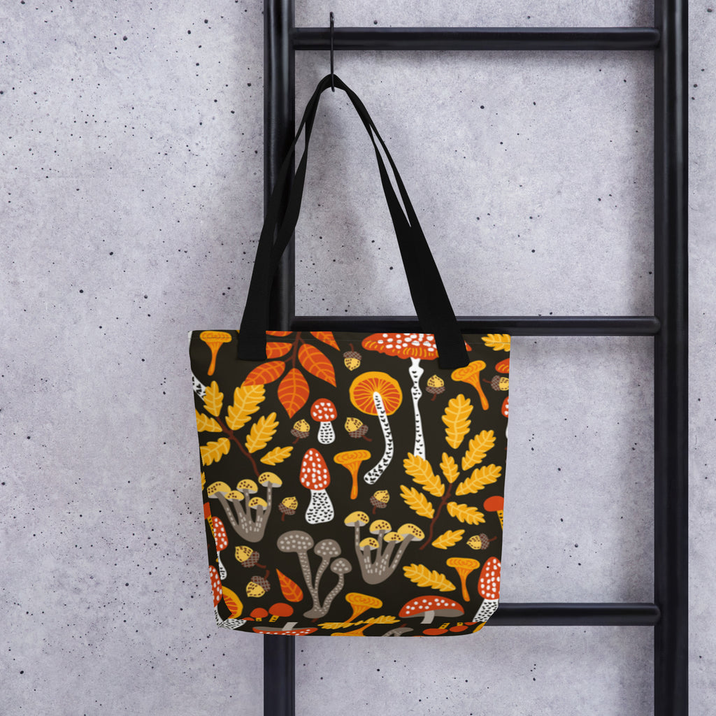 All-over print designed Woodland Mushroom Tote Bag with black denim handles