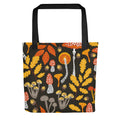 All-over print designed Woodland Mushroom Tote Bag with black denim handles