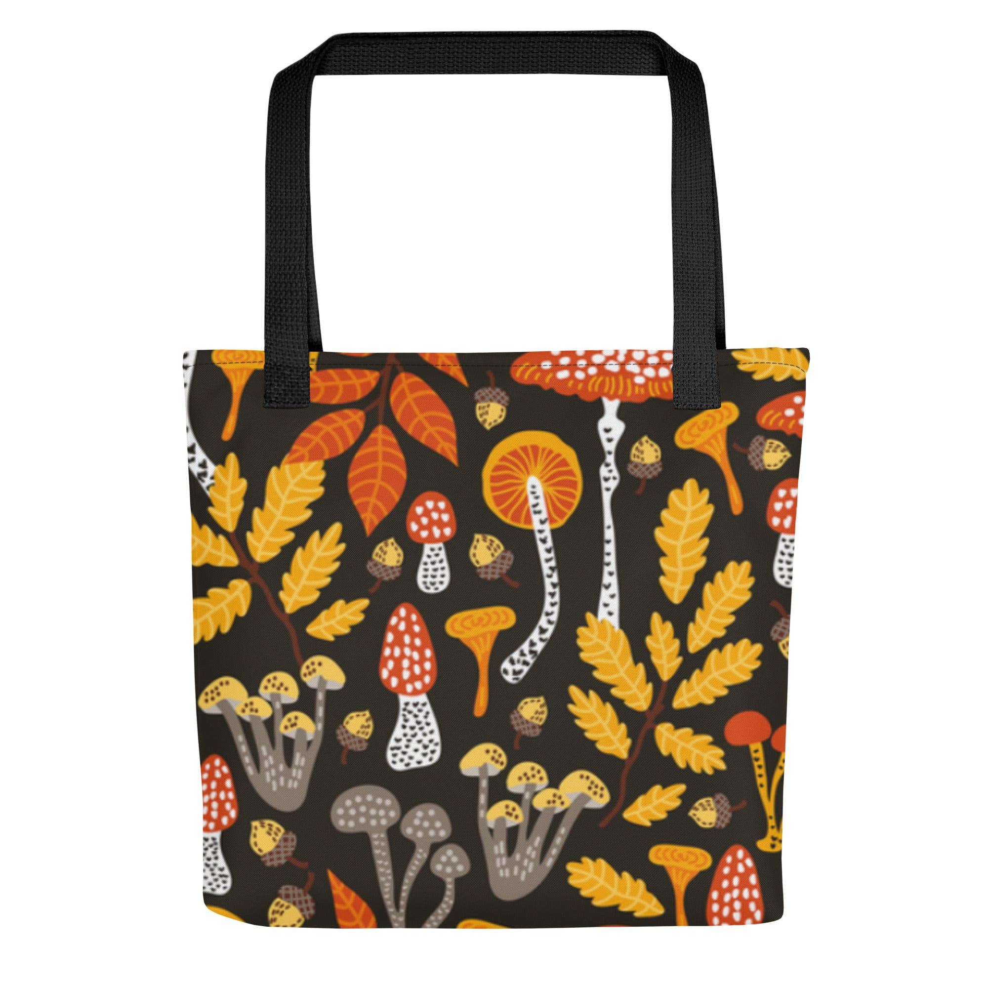 All-over print designed Woodland Mushroom Tote Bag with black denim handles