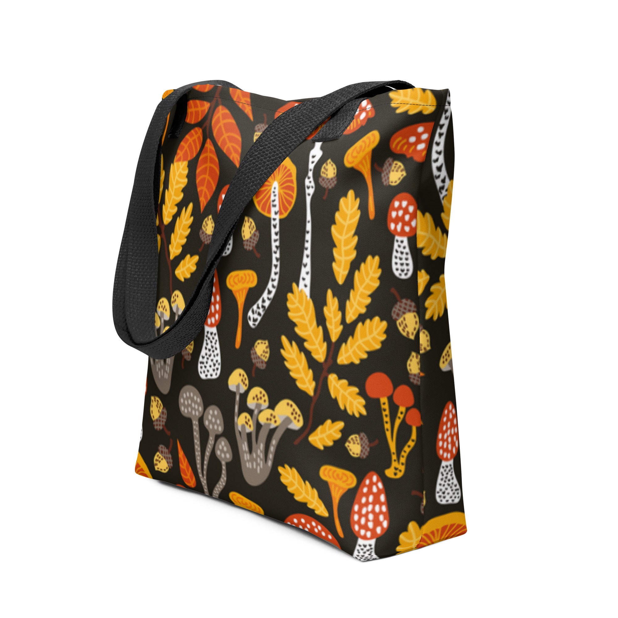 All-over print designed Woodland Mushroom Tote Bag with black denim handles