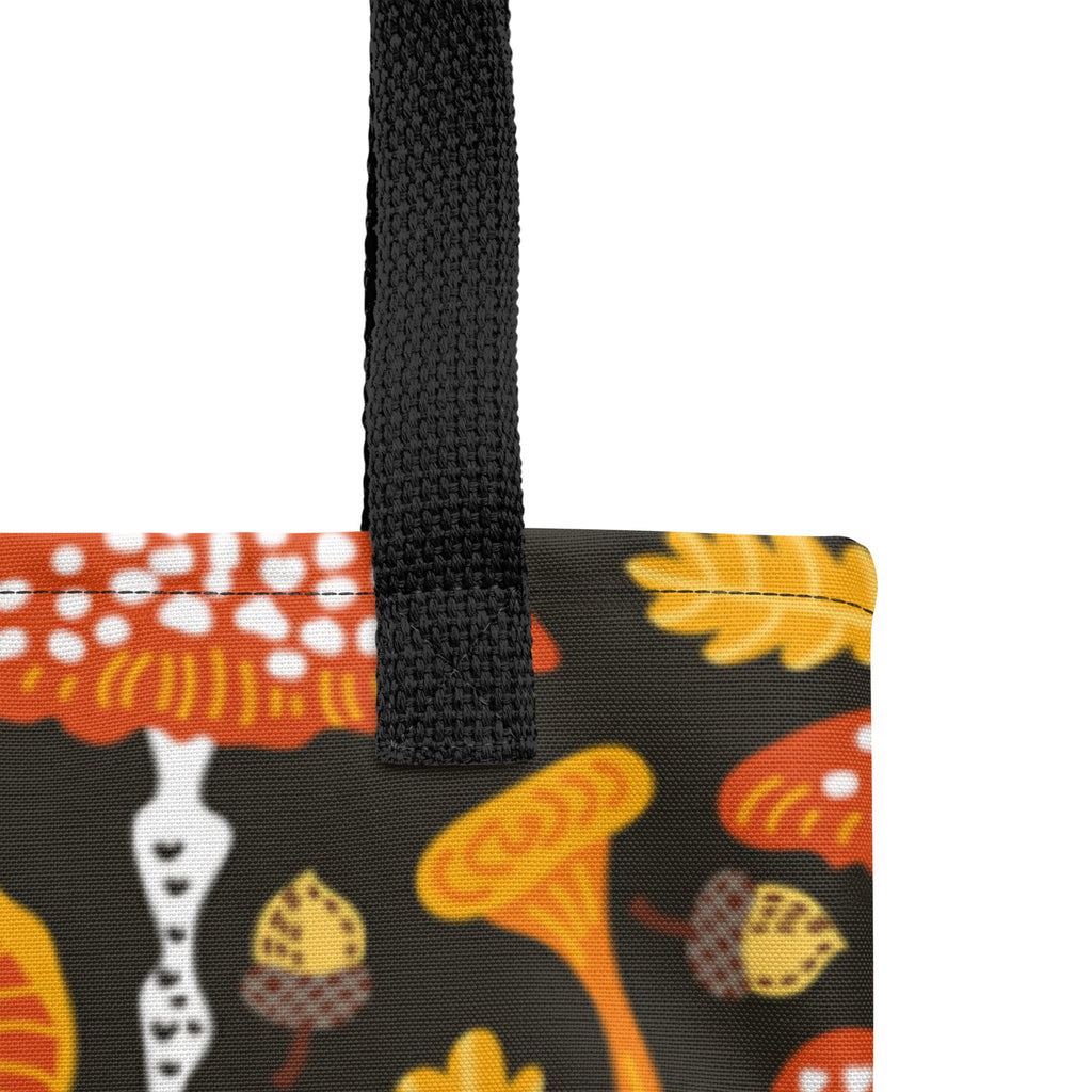 All-over print designed Woodland Mushroom Tote Bag with black denim handles